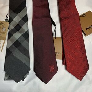 NWT 3 Burberry Manston Ties Silk Red Burgundy Charcoal Gray Black